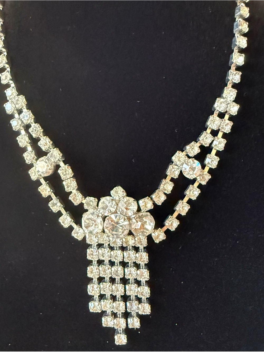 Vintage 1950s Rhinestone Necklace 17” Waterfall Fringe Bridal Statement